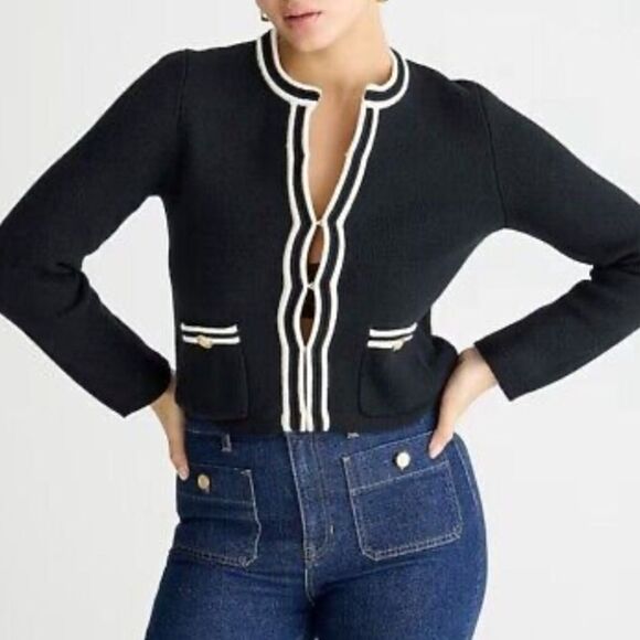 J Crew L Emilie Sweater Lady Jacket with Contrast Trim in Black - Picture 3 of 10